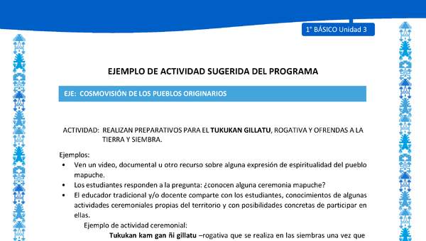 Actividad sugerida: LC01 - Mapuche - U3 - N°8: REALIZAN PREPARATIVOS PARA EL TUKUKAN GILLATU, ROGATIVA Y OFRENDAS A LA TIERRA Y SIEMBRA.