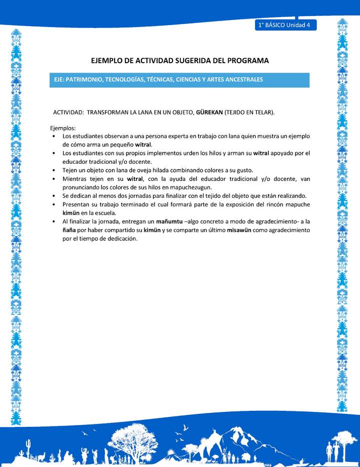 Actividad sugerida: LC01 - Mapuche - U4 - N°8: TRANSFORMAN LA LANA EN UN OBJETO, GÜREKAN (TEJIDO EN TELAR).