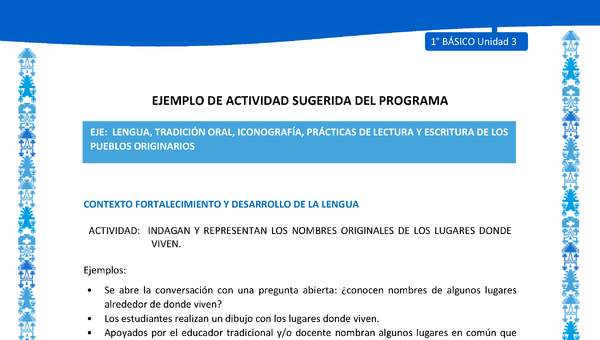 Actividad sugerida: LC01 - Mapuche - U3 - N°5: INDAGAN Y REPRESENTAN LOS NOMBRES ORIGINALES DE LOS LUGARES DONDE VIVEN.