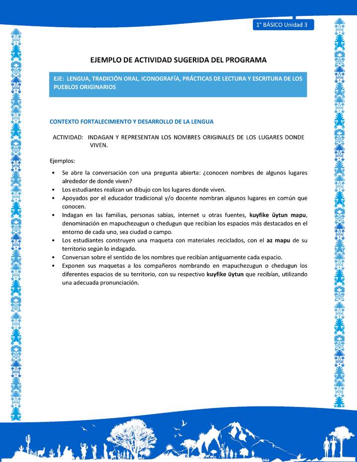 Actividad sugerida: LC01 - Mapuche - U3 - N°5: INDAGAN Y REPRESENTAN LOS NOMBRES ORIGINALES DE LOS LUGARES DONDE VIVEN.