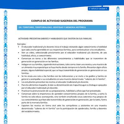 Actividad sugerida: LC01 - Mapuche - U4 - N°4: PRESENTAN SABERES Y HABILIDADES QUE EXISTEN EN SUS FAMILIAS.