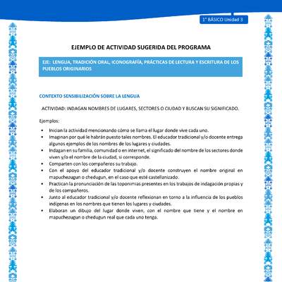 Actividad sugerida: LC01 - Mapuche - U3 - N°1: INDAGAN NOMBRES DE LUGARES, SECTORES O CIUDAD Y BUSCAN SU SIGNIFICADO