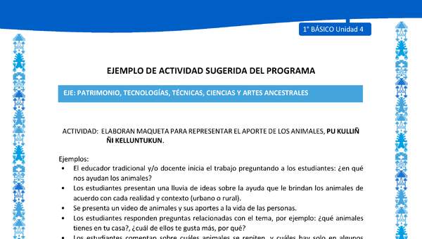 Actividad sugerida: LC01 - Mapuche - U4 - N°6: ELABORAN MAQUETA PARA REPRESENTAR EL APORTE DE LOS ANIMALES, PU KULLIÑ ÑI KELLUNTUKUN.