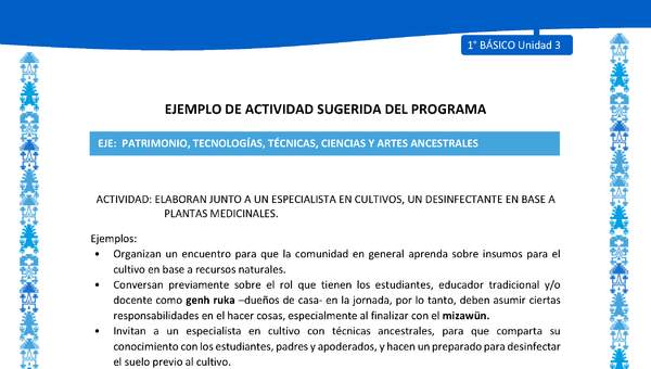 Actividad sugerida: LC01 - Mapuche - U3 - N°12: ELABORAN JUNTO A UN ESPECIALISTA EN CULTIVOS, UN DESINFECTANTE EN BASE A PLANTAS MEDICINALES.