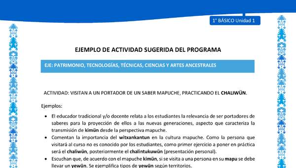 Actividad sugerida: LC01 - Mapuche - U1 - N°11: VISITAN A UN PORTADOR DE UN SABER MAPUCHE, PRACTICANDO EL CHALIWÜN.