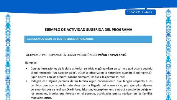 Actividad sugerida: LC01 - Mapuche - U2 - N°9: PARTICIPAN DE LA CONMEMORACIÓN DEL WIÑOL TXIPAN ANTÜ.