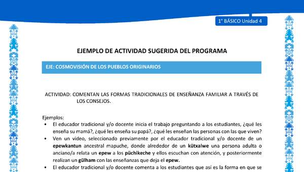 Actividad sugerida: LC01 - Mapuche - U4 - N°5: COMENTAN LAS FORMAS TRADICIONALES DE ENSEÑANZA FAMILIAR A TRAVÉS DE LOS CONSEJOS.
