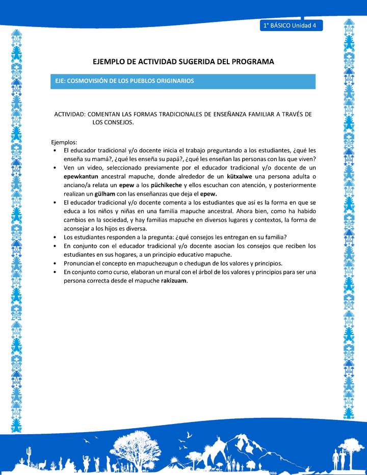 Actividad sugerida: LC01 - Mapuche - U4 - N°5: COMENTAN LAS FORMAS TRADICIONALES DE ENSEÑANZA FAMILIAR A TRAVÉS DE LOS CONSEJOS.