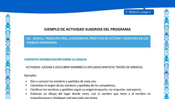 Actividad sugerida: LC01 - Mapuche - U3 - N°2: JUEGAN A DESCUBRIR NOMBRES O APELLIDOS MAPUCHE TRAVÉS DE MÍMICAS.