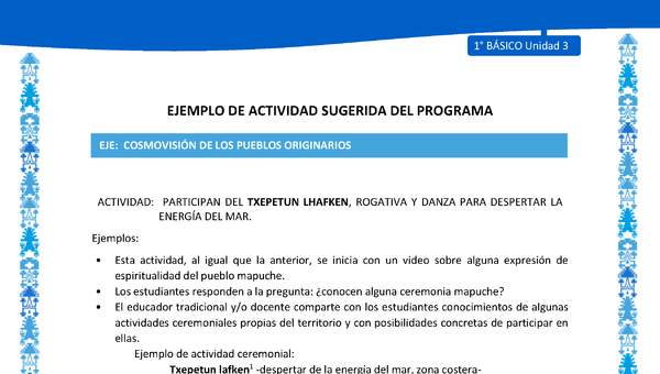 Actividad sugerida: LC01 - Mapuche - U3 - N°9: PARTICIPAN DEL TXEPETUN LHAFKEN, ROGATIVA Y DANZA PARA DESPERTAR LA ENERGÍA DEL MAR.