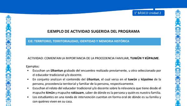 Actividad sugerida: LC01 - Mapuche - U2 - N°4: COMENTAN LA IMPORTANCIA DE LA PROCEDENCIA FAMILIAR, TUWÜN Y KÜPALME.