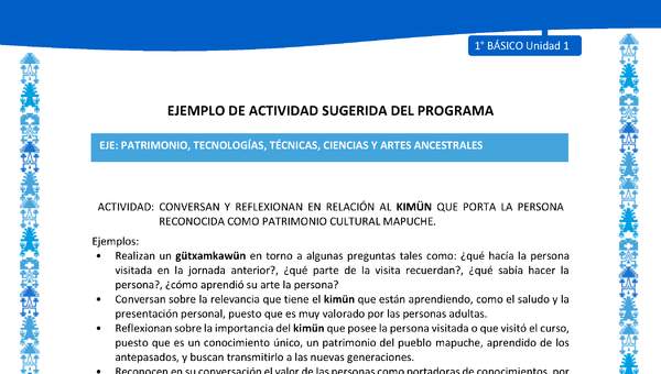 Actividad sugerida: LC01 - Mapuche - U1 - N°12: CONVERSAN Y REFLEXIONAN EN RELACIÓN AL KIMÜN QUE PORTA LA PERSONA RECONOCIDA COMO PATRIMONIO CULTURAL MAPUCHE.