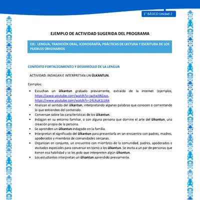 Actividad sugerida: LC01 - Mapuche - U2 - N°3: INDAGAN E INTERPRETAN UN ÜLKANTUN.