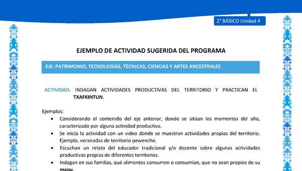 Actividad sugerida: LC02 - Mapuche - U4 - N°6:INDAGAN ACTIVIDADES PRODUCTIVAS DEL TERRITORIO Y PRACTICAN EL TXAFKINTUN.