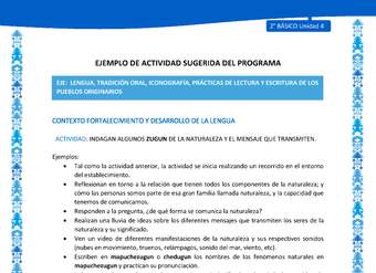 Actividad sugerida: LC02 - Mapuche - U4 - N°3: INDAGAN ALGUNOS ZUGUN DE LA NATURALEZA Y EL MENSAJE QUE TRANSMITEN.