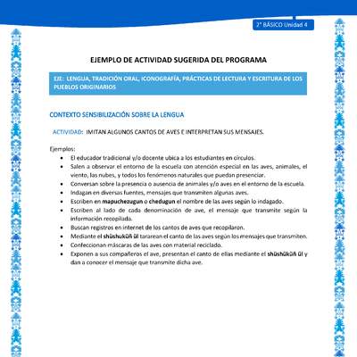 Actividad sugerida: LC02 - Mapuche - U4 - N°1: IMITAN ALGUNOS CANTOS DE AVES E INTERPRETAN SUS MENSAJES.