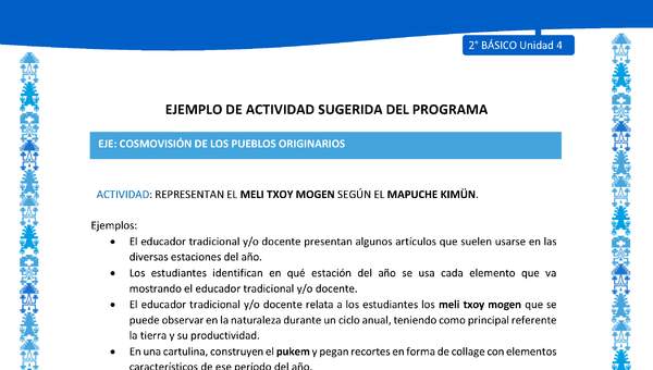 Actividad sugerida: LC02 - Mapuche - U4 - N°5: REPRESENTAN EL MELI TXOY MOGEN SEGÚN EL MAPUCHE KIMÜN.