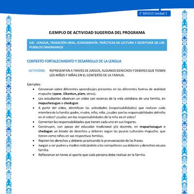 Actividad sugerida: LC02 - Mapuche - U1 - N°3: REPRESENTAN A TRAVÉS DE JUEGOS, ALGUNOS DERECHOS Y DEBERES QUE TIENEN LOS NIÑOS Y NIÑAS EN EL CONTEXTO DE LA FAMILIA.