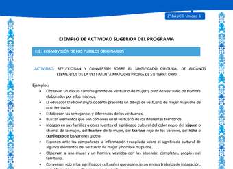 Actividad sugerida: LC02 - Mapuche - U3 - N°5: REFLEXIONAN Y CONVERSAN SOBRE EL SINGIFICADO CULTURAL DE ALGUNOS ELEMENTOS DE LA VESTIMENTA MAPUCHE PROPIA DE SU TERRITORIO.