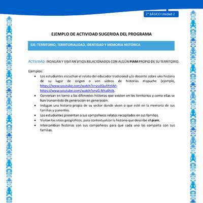 Actividad sugerida: LC02 - Mapuche - U2 - N°4: INDAGAN Y VISITAN SITIOS RELACIONADOS CON ALGÚN PIAM PROPIO DE SU TERRITORIO.