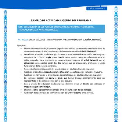 Actividad sugerida: LC02 - Mapuche - U2 - N°5: CREAN DIÁLOGOS Y PREPARAN OBRA PARA CONMEMORAR EL WIÑOL TXIPANTÜ.