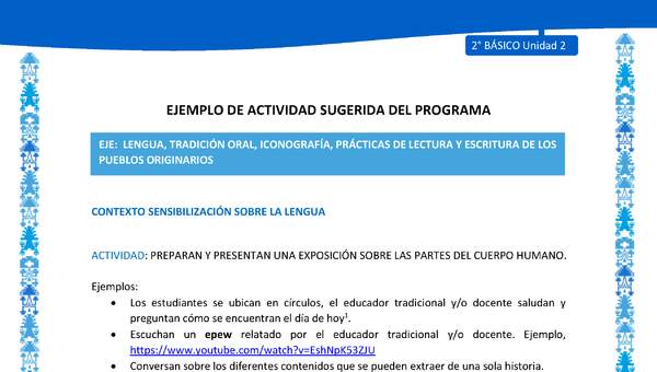 Actividad sugerida: LC02 - Mapuche - U2 - N°1:PREPARAN Y PRESENTAN UNA EXPOSICIÓN SOBRE LAS PARTES DEL CUERPO HUMANO.