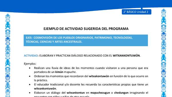 Actividad sugerida: LC02 - Mapuche - U2 - N°8: ELABORAN Y PRACTICAN DIÁLOGO RELACIONADO CON EL WITXANKONTUWÜN.