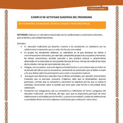 Actividad sugerida: LC01 - Lickanantay - U1 - N°9: ELABORAN UN CALENDARIO RELACIONADO CON LAS CELEBRACIONES O CEREMONIAS RELEVANTES PARA LA FAMILIA Y COMUNIDAD LICKANANTAY.