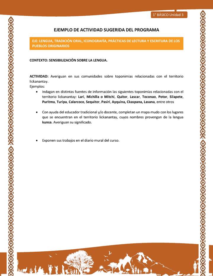 Actividad sugerida: LC01 - Lickanantay - U3 - N°2: AVERIGUAN EN SUS COMUNIDADES SOBRE TOPONIMIAS RELACIONADAS CON EL TERRITORIO LICKANANTAY.