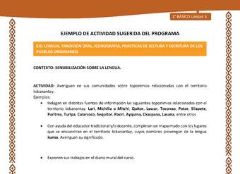 Actividad sugerida: LC01 - Lickanantay - U3 - N°2: AVERIGUAN EN SUS COMUNIDADES SOBRE TOPONIMIAS RELACIONADAS CON EL TERRITORIO LICKANANTAY.