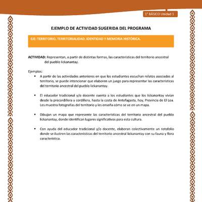 Actividad sugerida: LC01 - Lickanantay - U1 - N°6: REPRESENTAN, A PARTIR DE DISTINTAS FORMAS, LAS CARACTERÍSTICAS DEL TERRITORIO ANCESTRAL DEL PUEBLO LICKANANTAY.