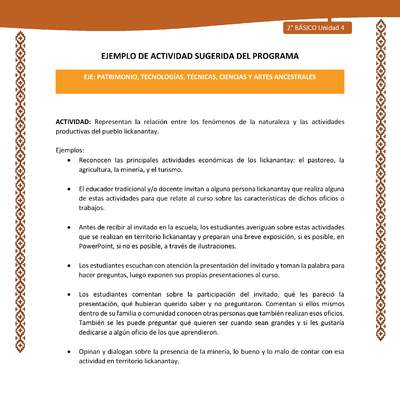 Actividad sugerida: LC02 - Lickanantay - U4 - N°7: REPRESENTAN LA RELACIÓN ENTRE LOS FENÓMENOS DE LA NATURALEZA Y LAS ACTIVIDADES PRODUCTIVAS DEL PUEBLO LICKANANTAY.