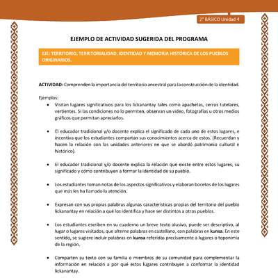 Actividad sugerida: LC02 - Lickanantay - U4 - N°3: COMPRENDEN LA IMPORTANCIA DEL TERRITORIO ANCESTRAL PARA LA CONSTRUCCIÓN DE LA IDENTIDAD.