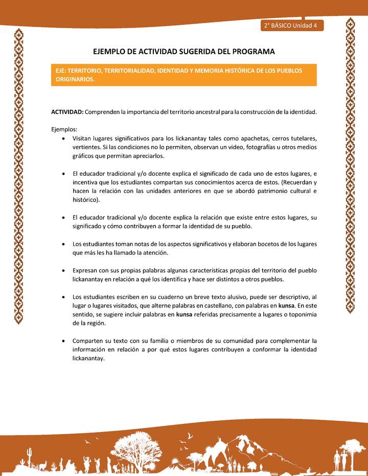 Actividad sugerida: LC02 - Lickanantay - U4 - N°3: COMPRENDEN LA IMPORTANCIA DEL TERRITORIO ANCESTRAL PARA LA CONSTRUCCIÓN DE LA IDENTIDAD.