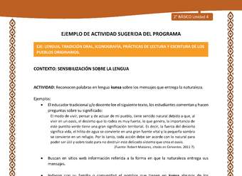 Actividad sugerida: LC02 - Lickanantay - U4 - N°2: RECONOCEN PALABRAS EN LENGUA KUNSA SOBRE LOS MENSAJES QUE ENTREGA LA NATURALEZA.