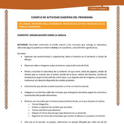 Actividad sugerida: LC02 - Lickanantay - U4 - N°1: DESCRIBEN ORALMENTE EL MEDIO NATURAL Y LOS MENSAJES QUE ENTREGA LA NATURALEZA, UTILIZANDO ALGUNAS PALABRAS EN IDIOMA KUNSA O EN CASTELLANO, CULTURALMENTE SIGNIFICATIVAS.