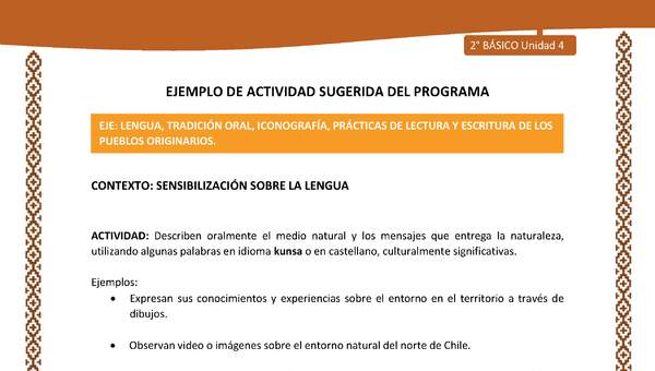 Actividad sugerida: LC02 - Lickanantay - U4 - N°1: DESCRIBEN ORALMENTE EL MEDIO NATURAL Y LOS MENSAJES QUE ENTREGA LA NATURALEZA, UTILIZANDO ALGUNAS PALABRAS EN IDIOMA KUNSA O EN CASTELLANO, CULTURALMENTE SIGNIFICATIVAS.