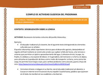 Actividad sugerida: LC02 - Lickanantay - U3 - N°2: RECONOCEN ELEMENTOS CULTURALES DEL PUEBLO LICKANANTAY.