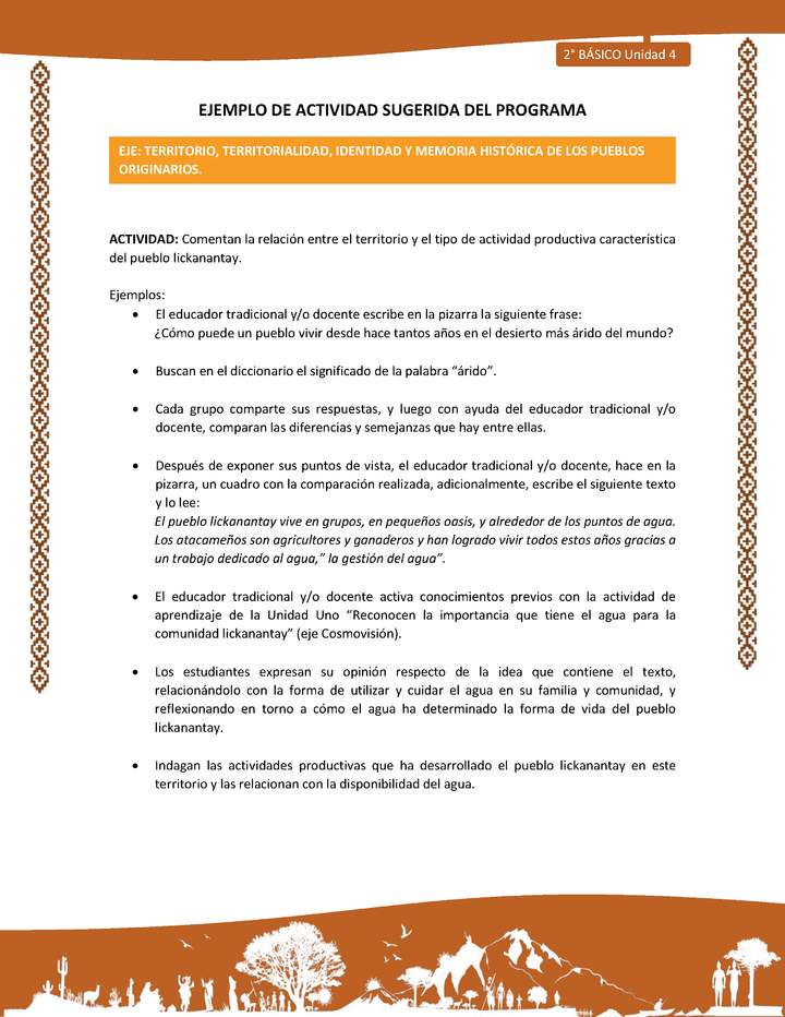 Actividad sugerida: LC02 - Lickanantay - U4 - N°4: COMPRENDEN LA IMPORTANCIA DEL TERRITORIO ANCESTRAL PARA LA CONSTRUCCIÓN DE LA IDENTIDAD.