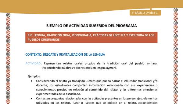 Actividad sugerida Nº 6 - LC02 - AYM-U1-06-2B-LR-Representan relatos orales propios de la tradición oral del pueblo aymara, reconociendo palabras y expresiones en lengua aymara.