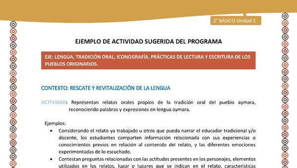 Actividad sugerida Nº 6 - LC02 - AYM-U1-06-2B-LR-Representan relatos orales propios de la tradición oral del pueblo aymara, reconociendo palabras y expresiones en lengua aymara.