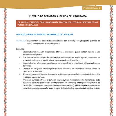 Actividad sugerida Nº 8 - LC02 - AYM-U1-08-2B-LF-Representan las actividades relacionadas con el tiempo de jallupacha (tiempo de lluvia), incorporando el idioma aymara.