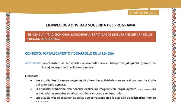 Actividad sugerida Nº 8 - LC02 - AYM-U1-08-2B-LF-Representan las actividades relacionadas con el tiempo de jallupacha (tiempo de lluvia), incorporando el idioma aymara.