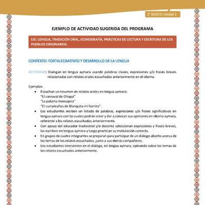 Actividad sugerida Nº 9 - LC02 - AYM-U1-09-2B-LF-Dialogan en lengua aymara usando palabras claves expresiones y o frases breves relacionadas con relatos orales escuchados anteriormente en el idioma.