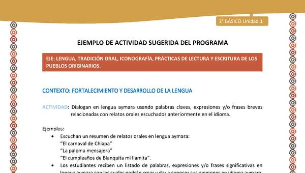 Actividad sugerida Nº 9 - LC02 - AYM-U1-09-2B-LF-Dialogan en lengua aymara usando palabras claves expresiones y o frases breves relacionadas con relatos orales escuchados anteriormente en el idioma.