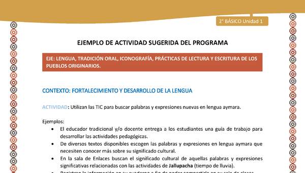 Actividad sugerida Nº 10 - LC01 - AYM-U1-10-2B-LF-Utilizan las TIC para buscar palabras y expresiones nuevas en lengua aymara.