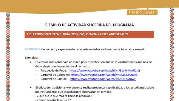 Actividad sugerida Nº 18 - LC02 - YM-U1-18-2B-EP-Conversan y experimentan con instrumentos andinos que se tocan en carnaval.