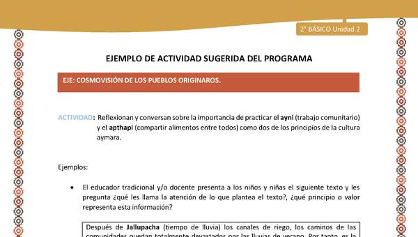 Actividad sugerida Nº 14- LC02 - AYM-U2-01-ECO- Reflexionan y conversan sobre la importancia de practicar el ayni (trabajo comunitario) y el apthapi (compartir alimentos entre todos) como dos de los principios de la cultura aymara.