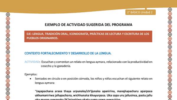 Actividad sugerida Nº 7- LC02 - AYM-U2-01-LF- Escuchan y comentan un relato en lengua aymara, relacionado con la productividad en cosecha y la ganadería.