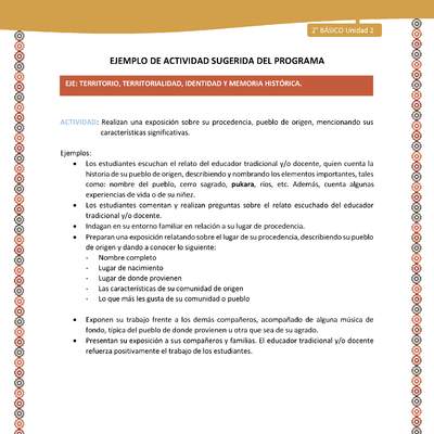 Actividad sugerida Nº 11- LC02 - AYM-U2-01-ET- Realizan una exposición sobre su procedencia, pueblo de origen, mencionando sus características significativas.